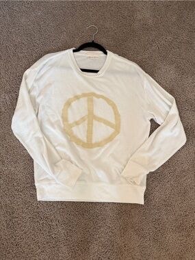 Spiritual Gangster White Crewneck Sweater with Tan Peace Sign